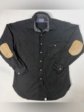 Pendleton Virgin Wool Black Button Up Suede Elbow Pads Size Medium Made In USA